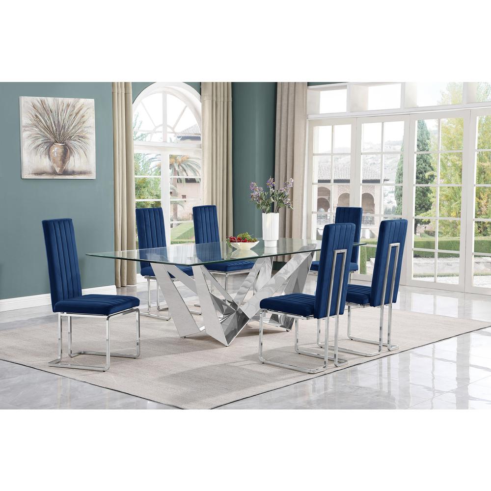 7pc Large(94") glass top dining set with silver base and 6 Navy blue side chairs