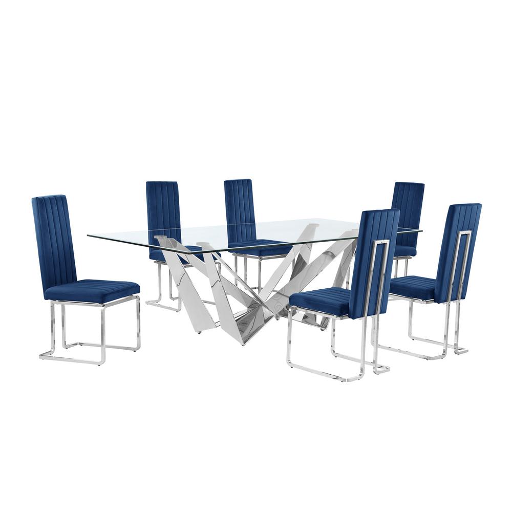 7pc Large(94") glass top dining set with silver base and 6 Navy blue side chairs