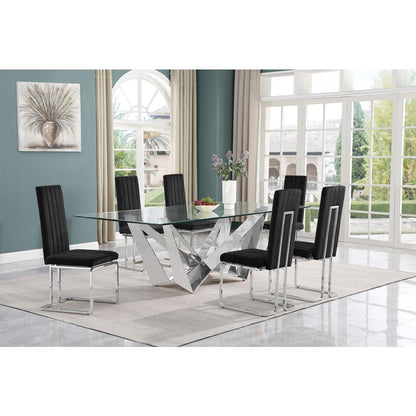 7pc Large(94") glass top dining set with silver base and 6 Black side chairs