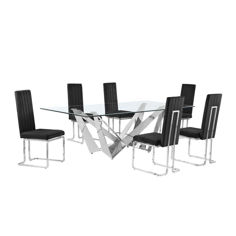 7pc Large(94") glass top dining set with silver base and 6 Black side chairs