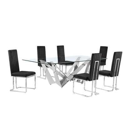 7pc Large(94") glass top dining set with silver base and 6 Black side chairs