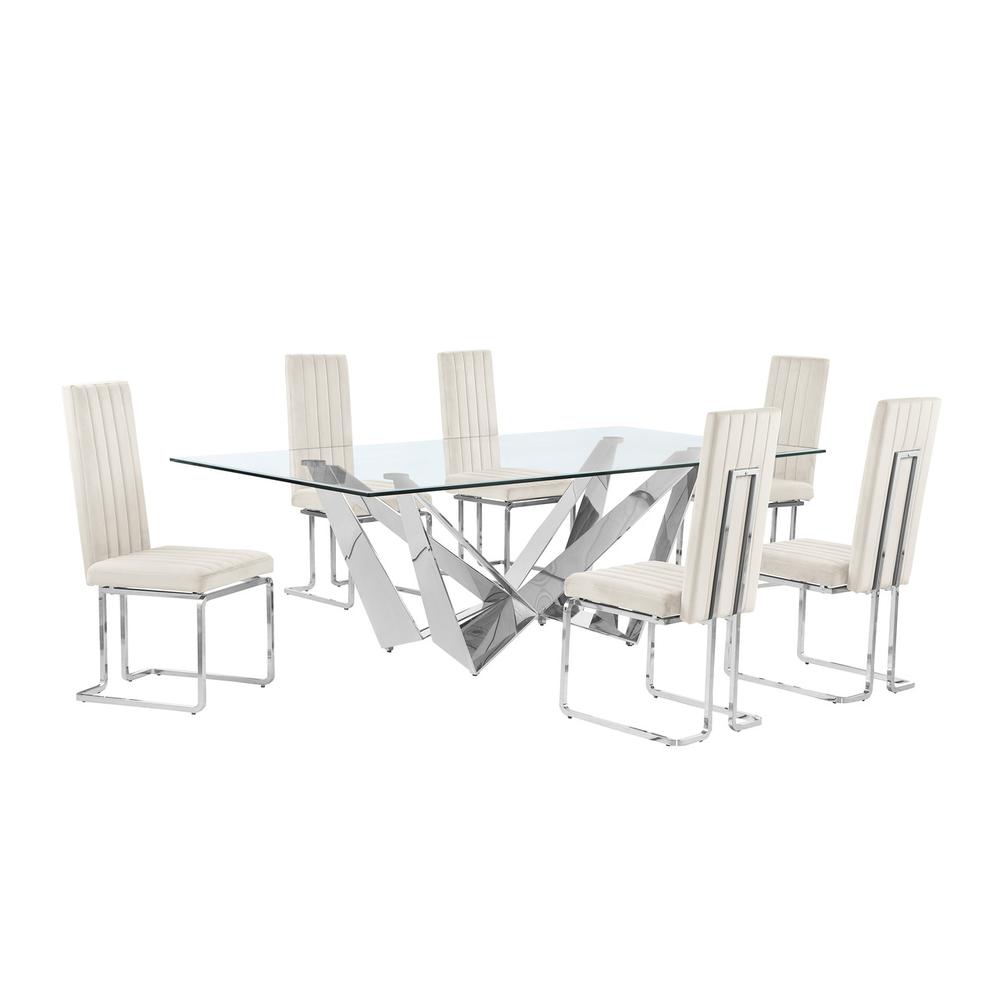7pc Large(94") glass top dining set with silver base and 6 Cream side chairs
