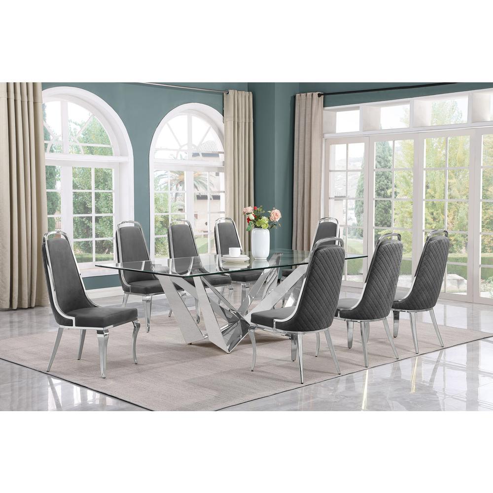 9pc Large(94") glass top topdining set with silver base and 8 Dark grey chairs