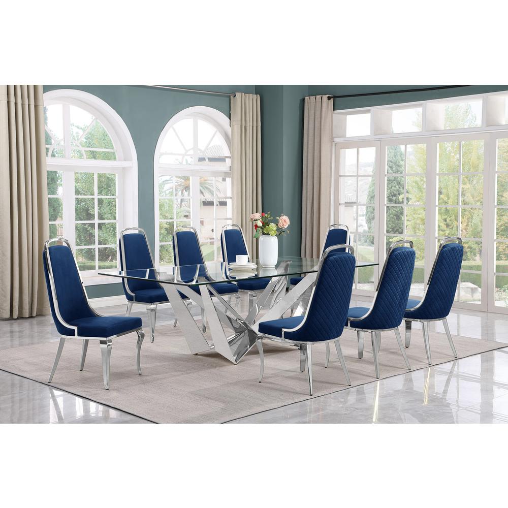 9pc Large(94") glass top topdining set with silver base and 8 Navy blue chairs