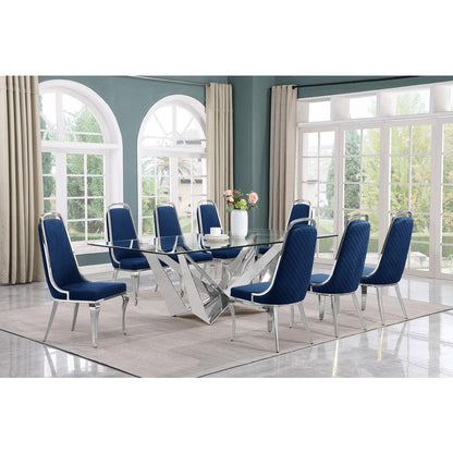 9pc Large(94") glass top topdining set with silver base and 8 Navy blue chairs