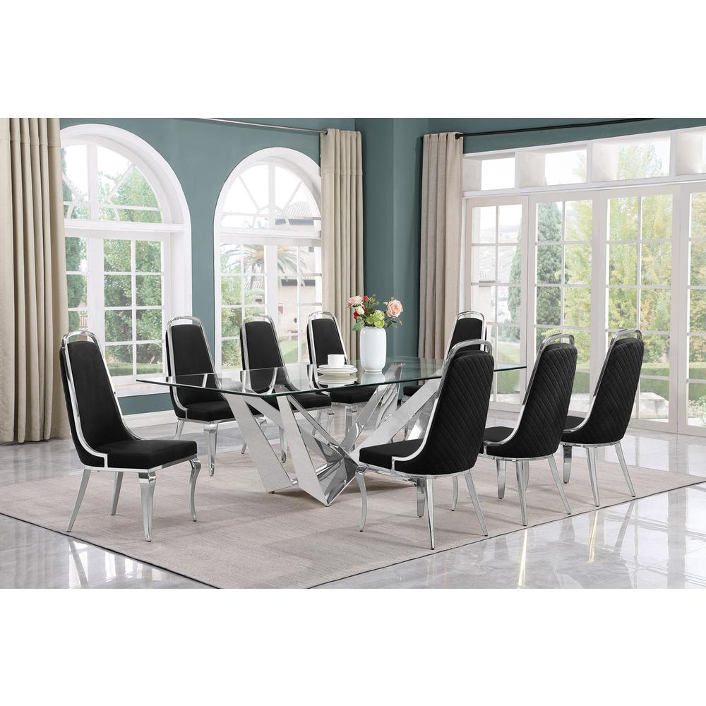 9pc Large(94") glass top dining set with silver base and 8 Black side chairs