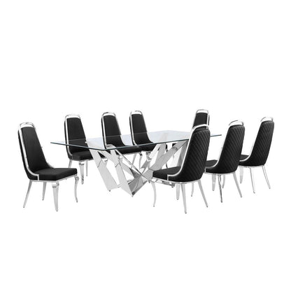 9pc Large(94") glass top dining set with silver base and 8 Black side chairs