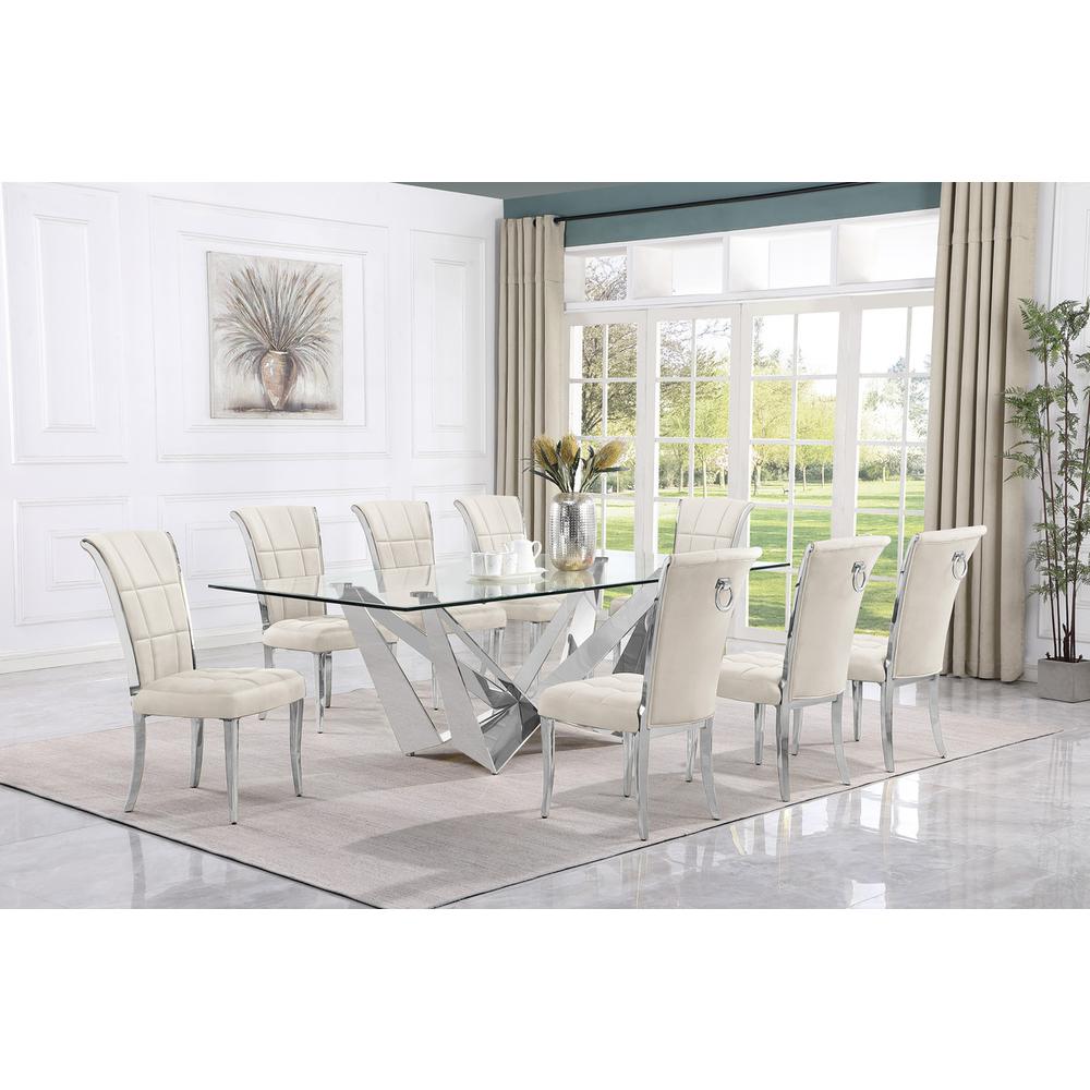 9pc Large(94") glass dining set with silver base and 8 Cream side chairs