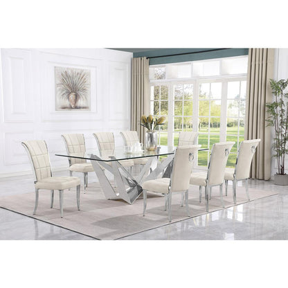 9pc Large(94") glass dining set with silver base and 8 Cream side chairs