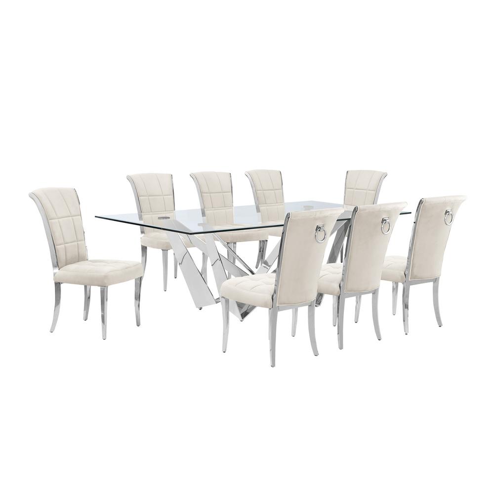 9pc Large(94") glass dining set with silver base and 8 Cream side chairs