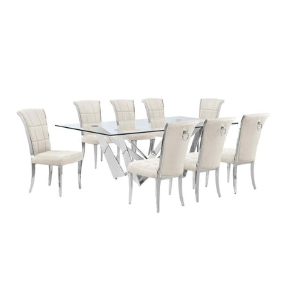 9pc Large(94") glass dining set with silver base and 8 Cream side chairs