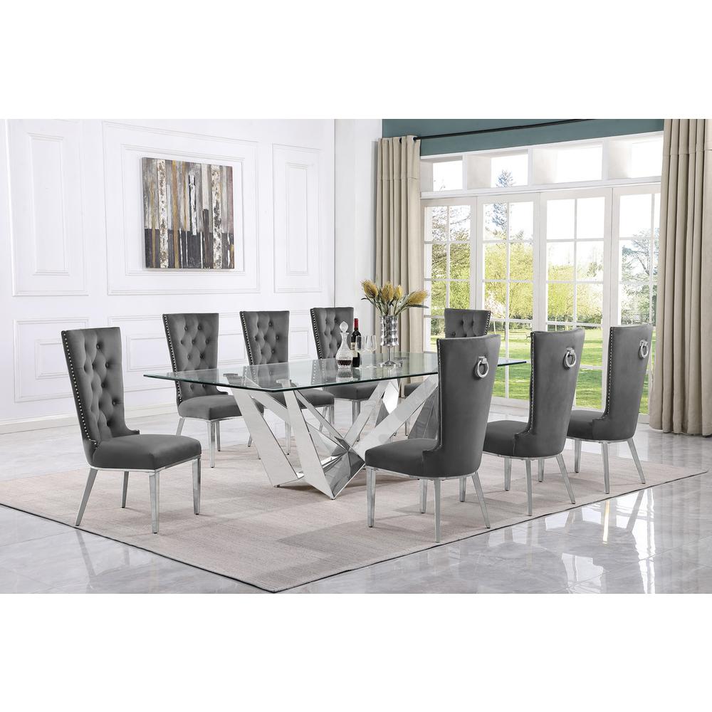 9pc Large(94") glass top dining set with silver base and 8 Dark grey side chairs