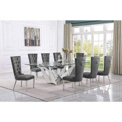 9pc Large(94") glass top dining set with silver base and 8 Dark grey side chairs