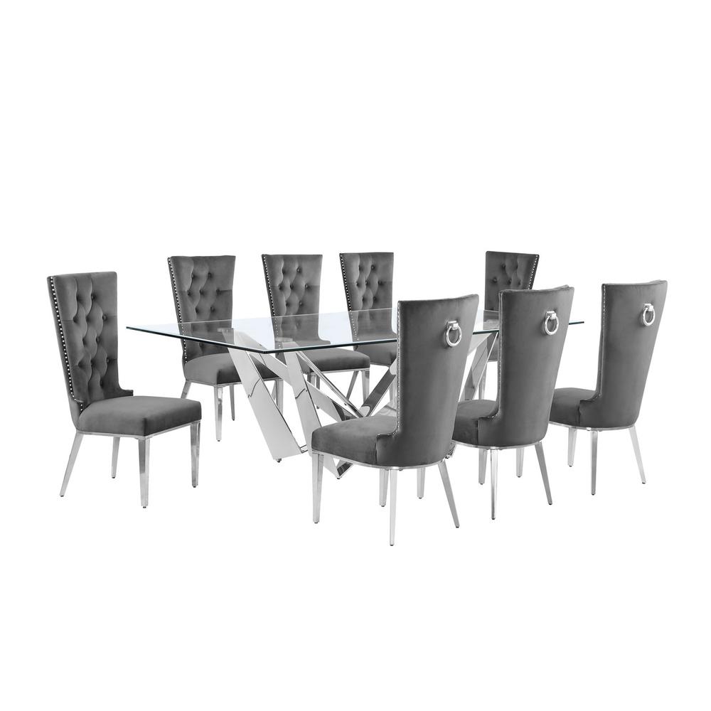 9pc Large(94") glass top dining set with silver base and 8 Dark grey side chairs