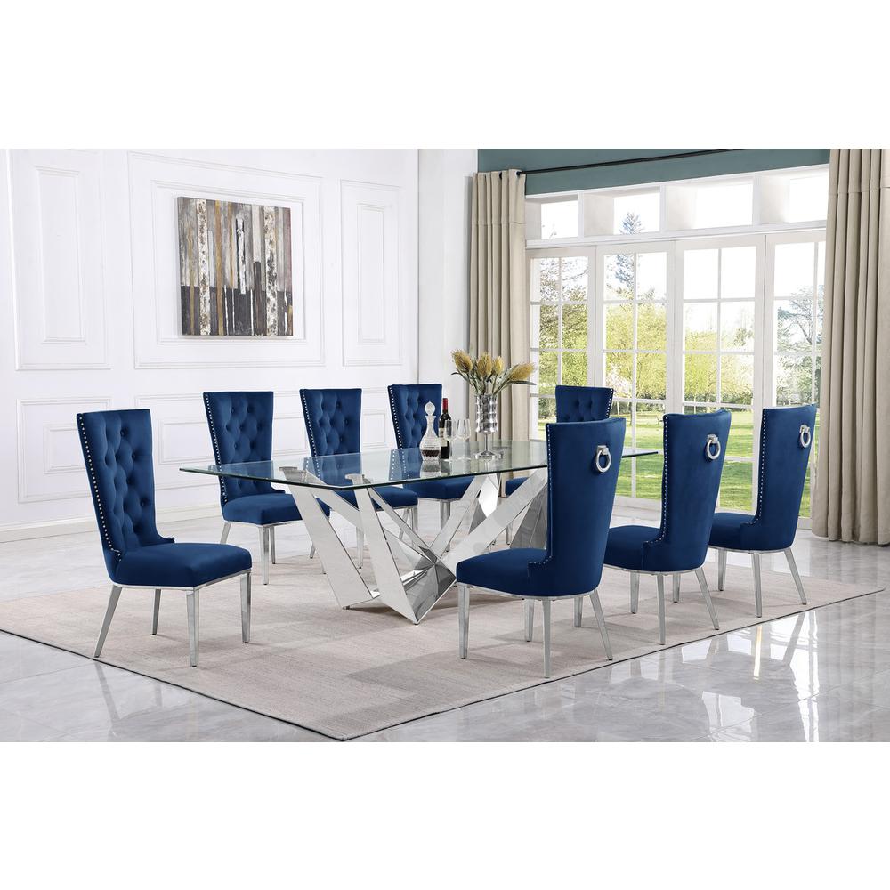 9pc Large(94") glass top dining set with silver base and 8 Navy blue side chairs