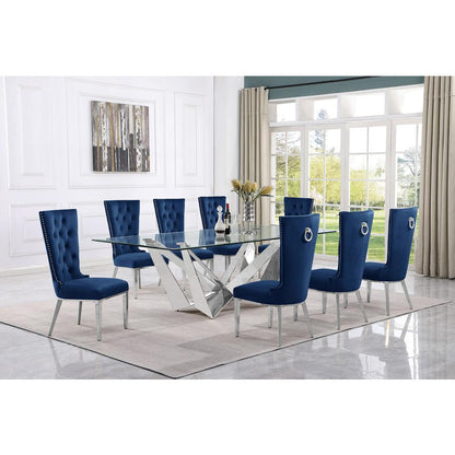 9pc Large(94") glass top dining set with silver base and 8 Navy blue side chairs