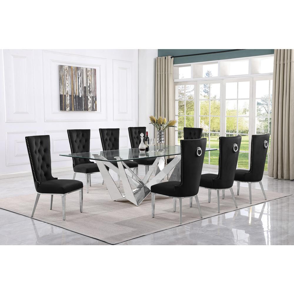 9pc Large(94") glass top dining set with silver base and 8 Black side chairs
