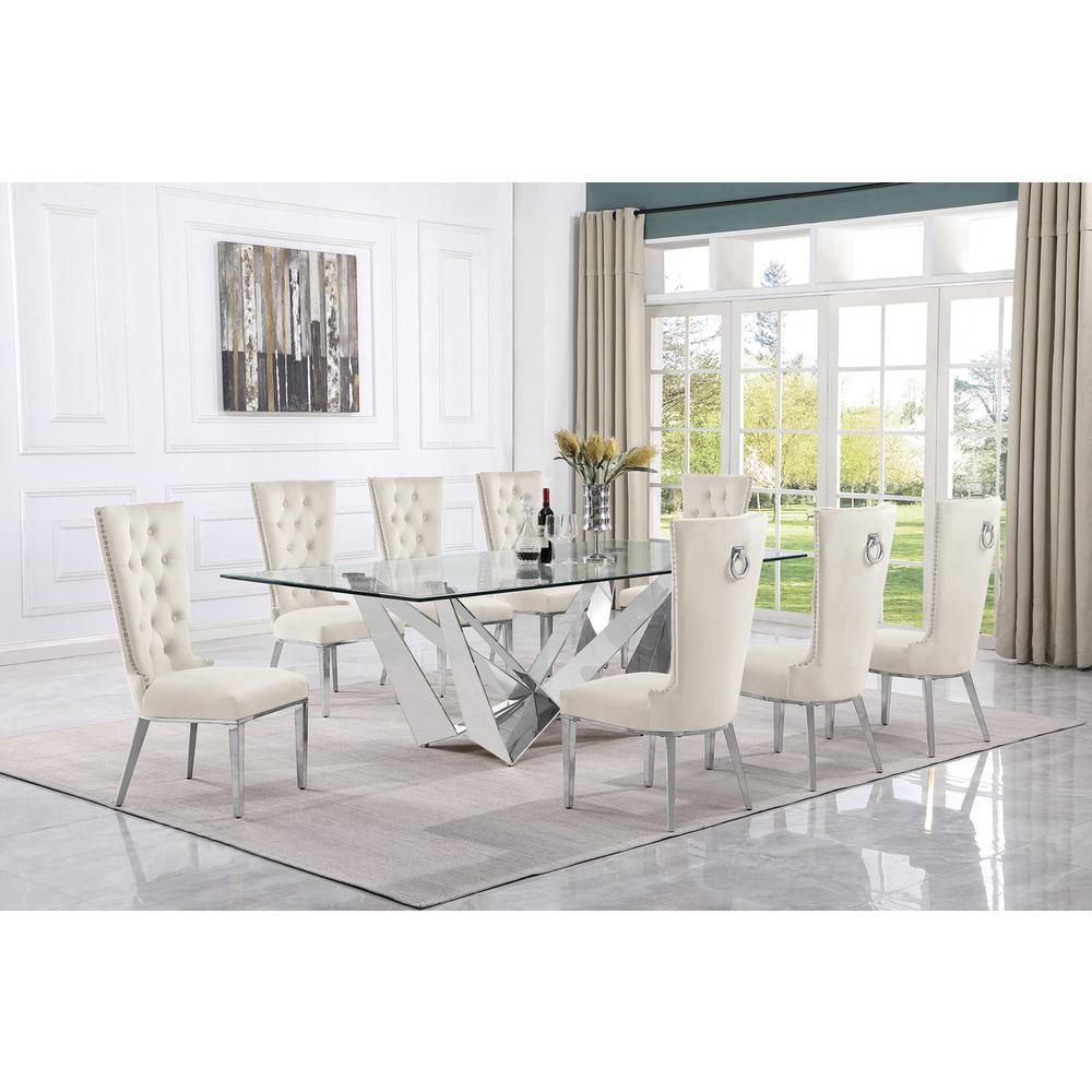 9pc Large(94") glass top dining set with silver base and 8 Cream side chairs