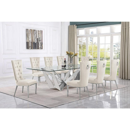 9pc Large(94") glass top dining set with silver base and 8 Cream side chairs
