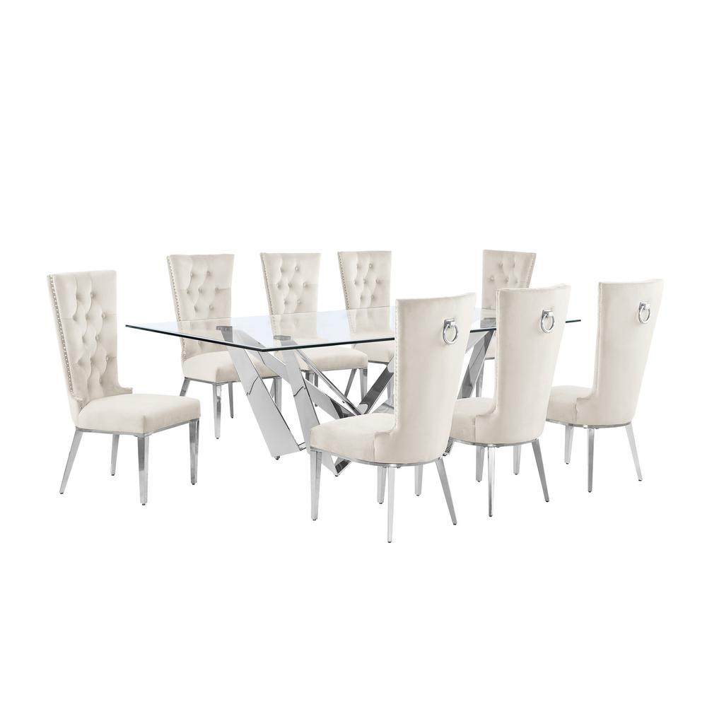 9pc Large(94") glass top dining set with silver base and 8 Cream side chairs