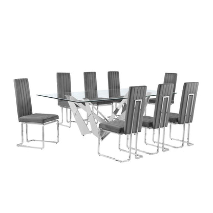 9pc Large(94") glass top dining set with silver base and 8 Dark grey side chairs