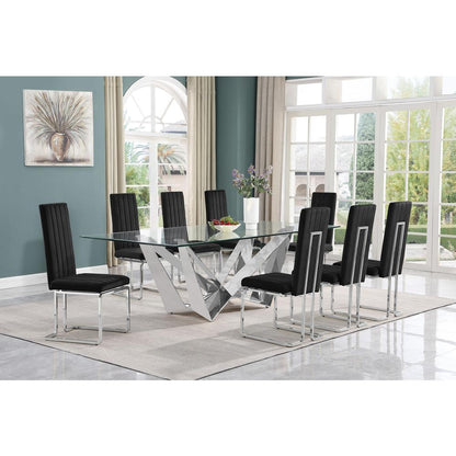 9pc Large(94") glass top dining set with silver base and 8 Black side chairs