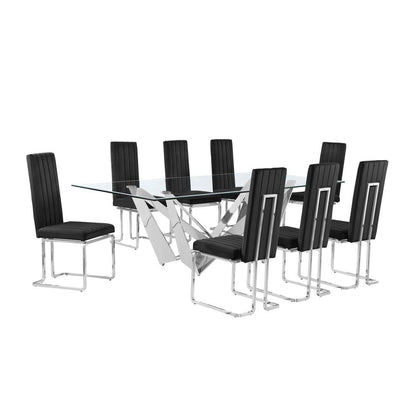 9pc Large(94") glass top dining set with silver base and 8 Black side chairs