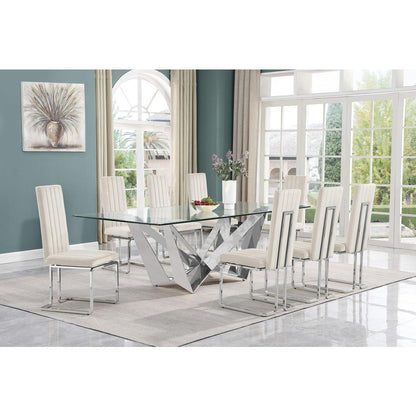 9pc Large(94") glass top dining set with silver base and 8 Cream side chairs
