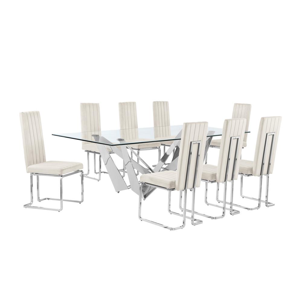 9pc Large(94") glass top dining set with silver base and 8 Cream side chairs