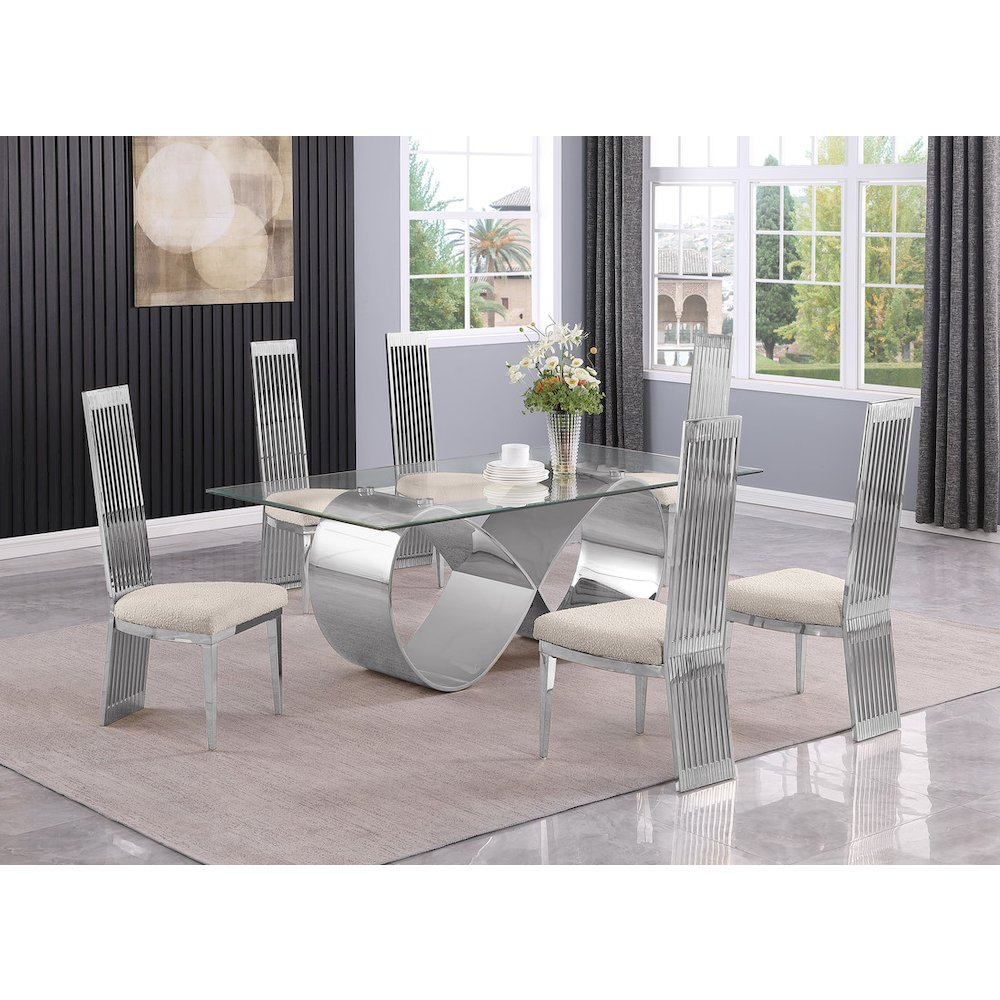 7Pc Tempered Glass Dining Set With 6 Cream Boucle Fabric Side Chairs