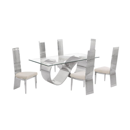7Pc Tempered Glass Dining Set With 6 Cream Boucle Fabric Side Chairs