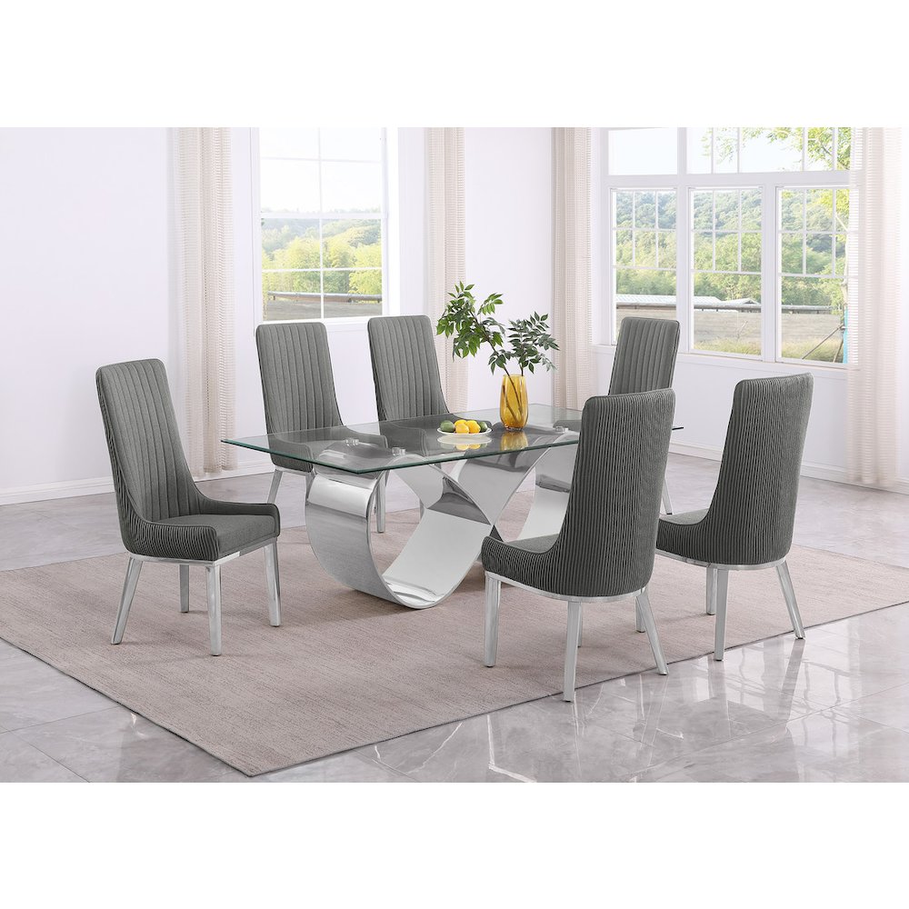 7Pc Tempered Glass Dining Set 6 Rich Gray Boucle Side Chairs And A Silver Base