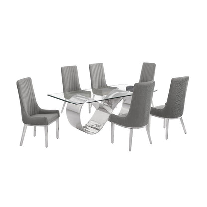 7Pc Tempered Glass Dining Set 6 Rich Gray Boucle Side Chairs And A Silver Base