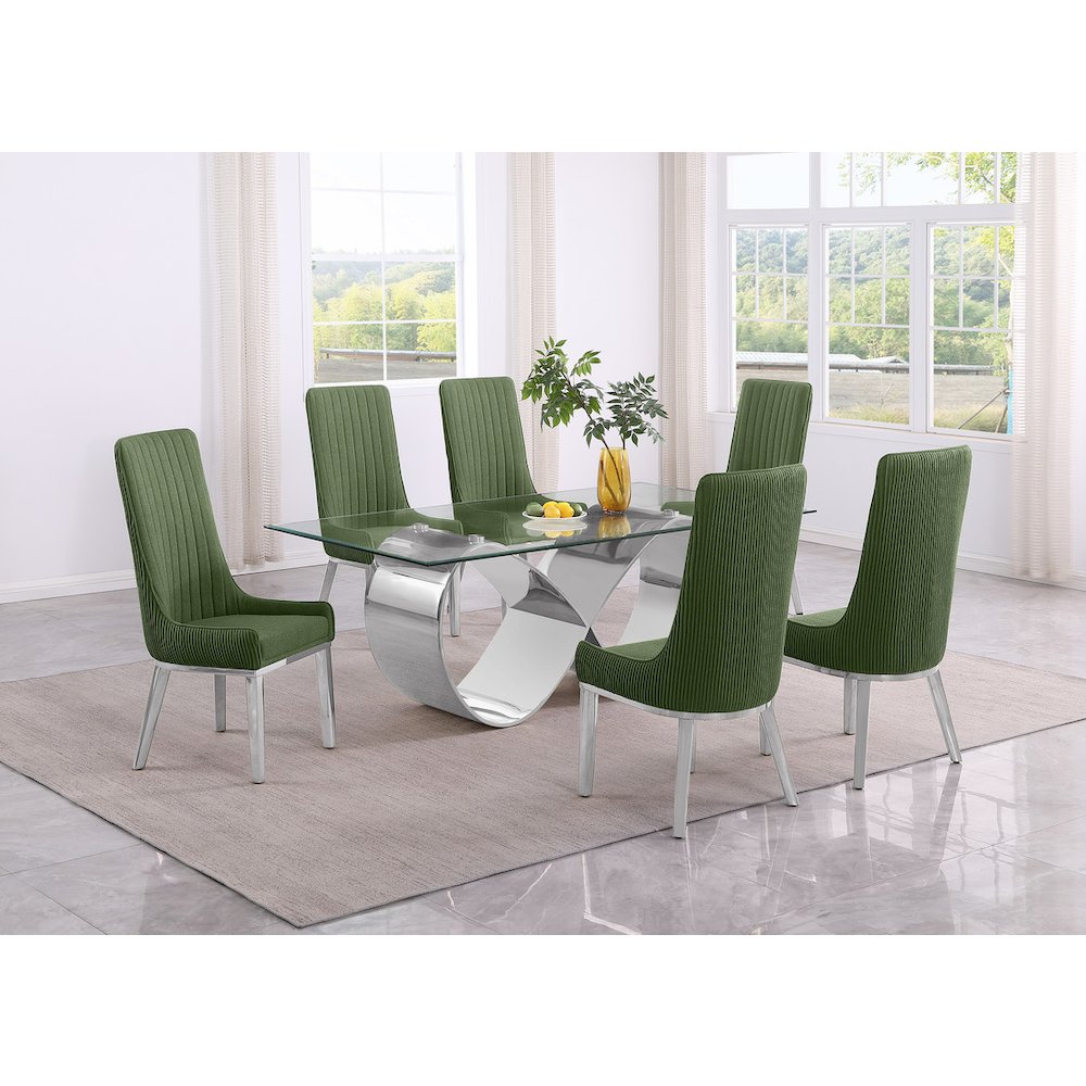 7Pc Tempered Glass Dining Set With 6 Gray Boucle Side Chairs And A Silver Base