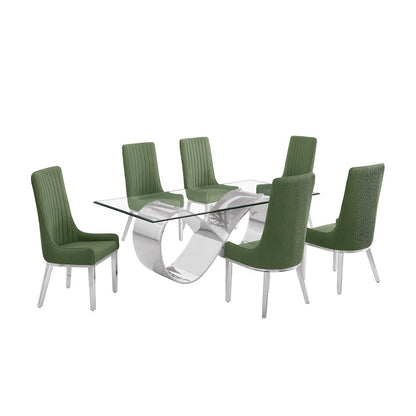 7Pc Tempered Glass Dining Set With 6 Gray Boucle Side Chairs And A Silver Base