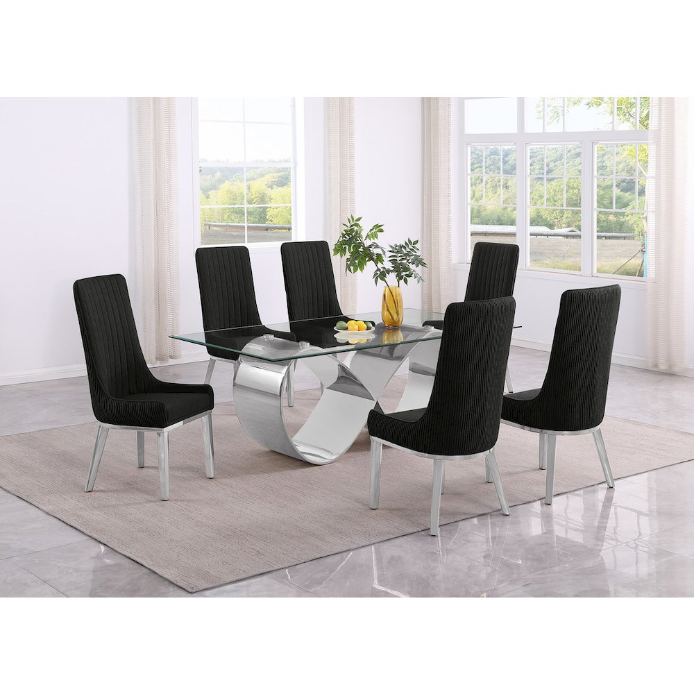 7Pc Tempered Glass Dining Set With 6 Black Boucle Side Chairs And A Silver Base