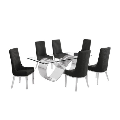 7Pc Tempered Glass Dining Set With 6 Black Boucle Side Chairs And A Silver Base