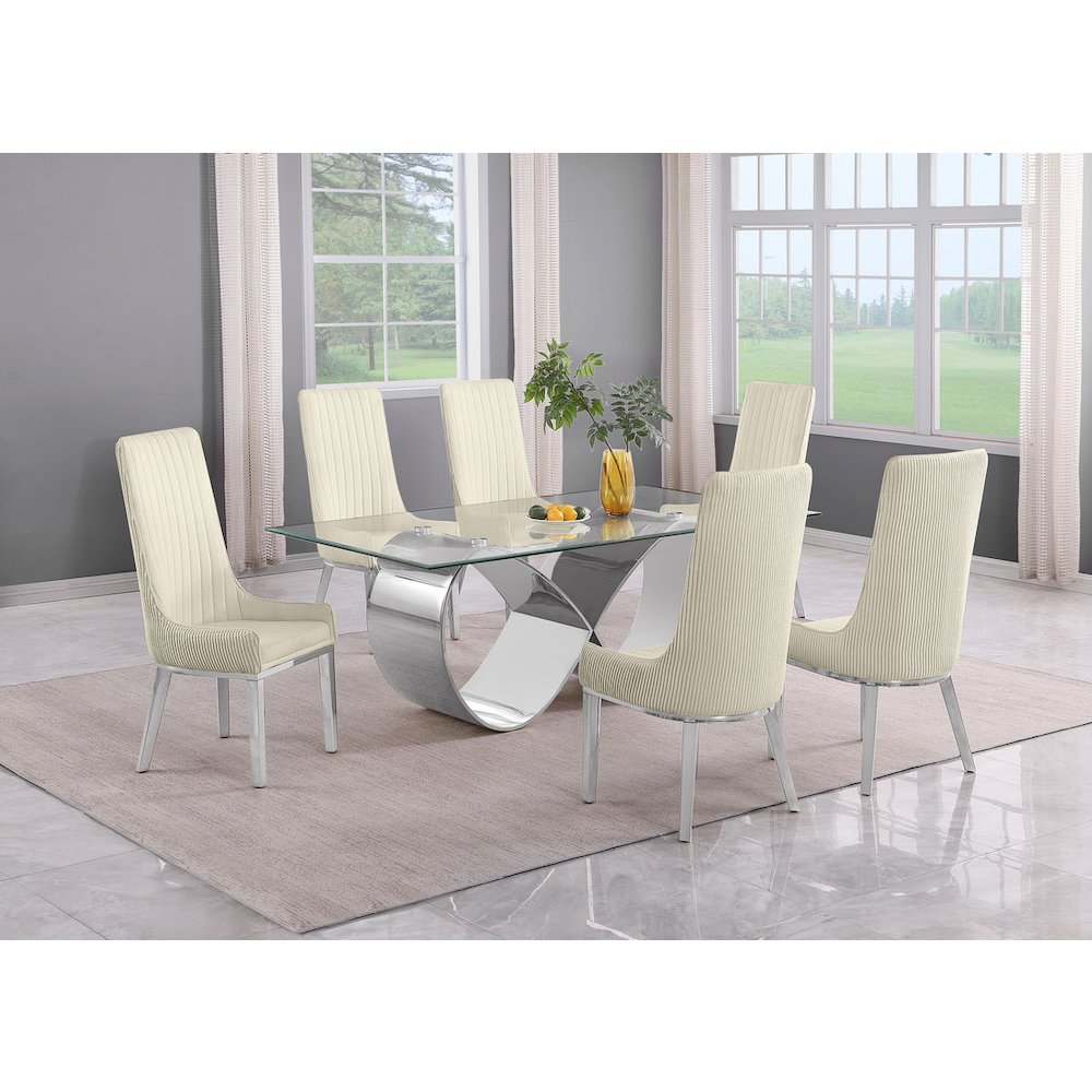 7Pc Tempered Glass Dining Set With 6 Cream Boucle Side Chairs And A Silver Base