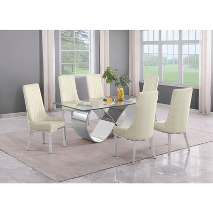 7Pc Tempered Glass Dining Set With 6 Cream Boucle Side Chairs And A Silver Base