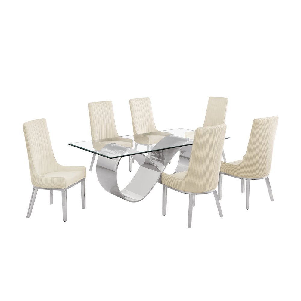 7Pc Tempered Glass Dining Set With 6 Cream Boucle Side Chairs And A Silver Base