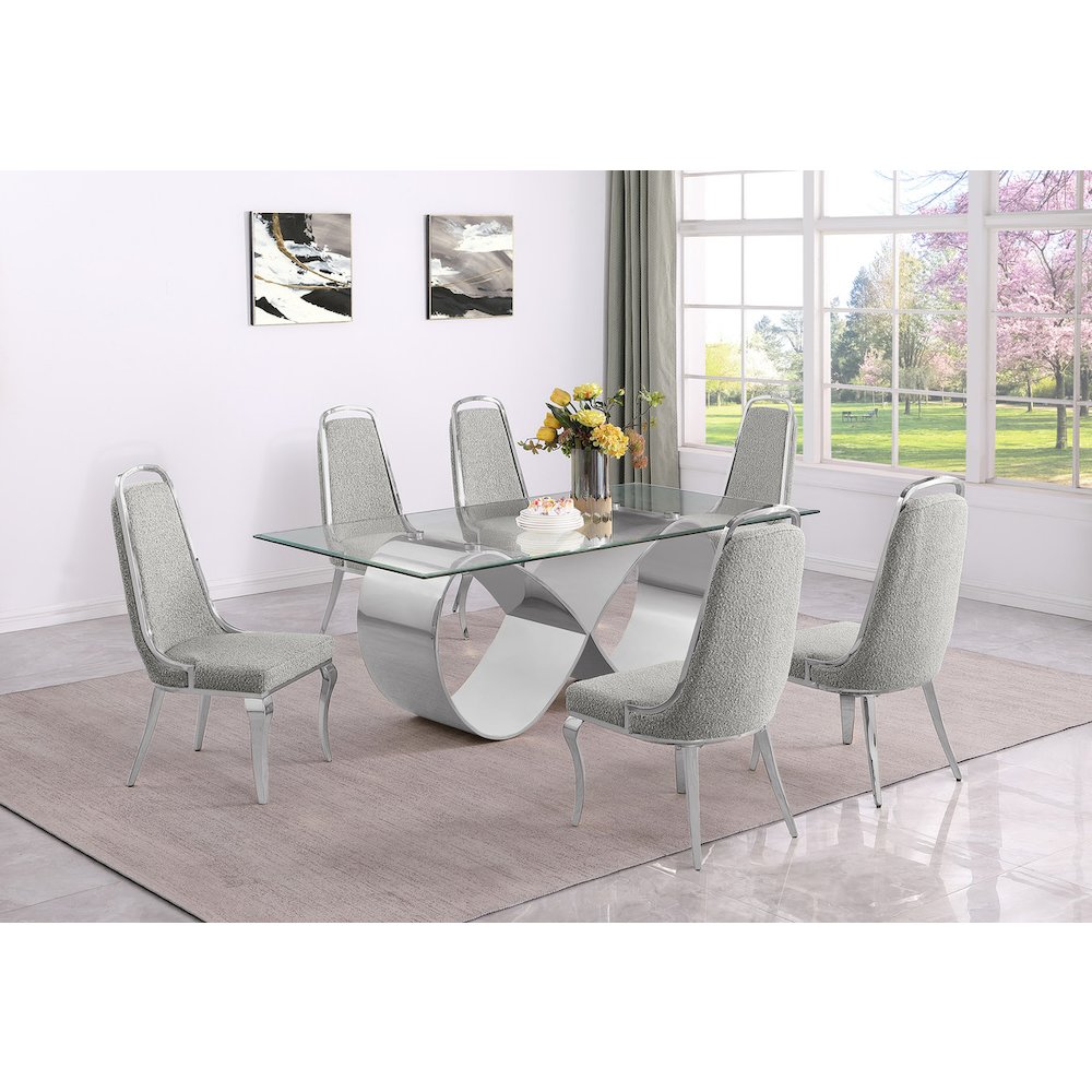 7Pc Tempered Glass Dining Set 6 Rich Gray Boucle Side Chairs And A Silver Base