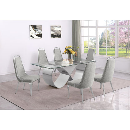 7Pc Tempered Glass Dining Set 6 Rich Gray Boucle Side Chairs And A Silver Base