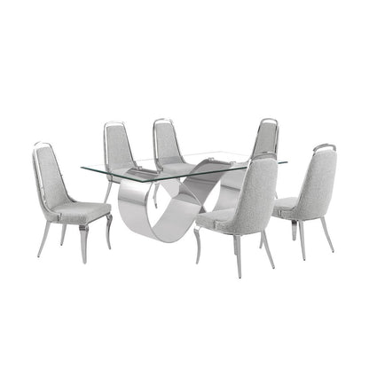7Pc Tempered Glass Dining Set 6 Rich Gray Boucle Side Chairs And A Silver Base