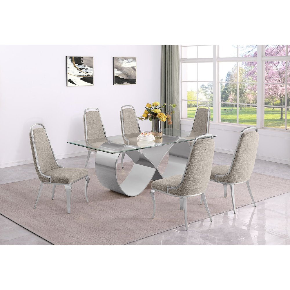 7Pc Tempered Glass Dining Set With 6 Gray Boucle Side Chairs And A Silver Base