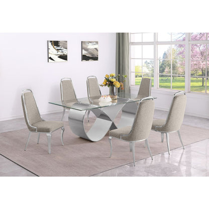 7Pc Tempered Glass Dining Set With 6 Gray Boucle Side Chairs And A Silver Base