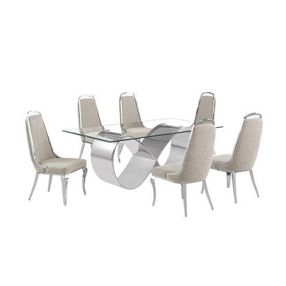 7Pc Tempered Glass Dining Set With 6 Gray Boucle Side Chairs And A Silver Base