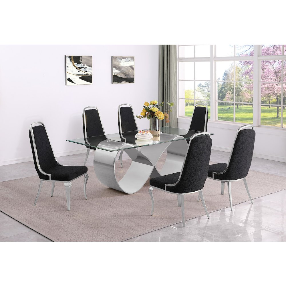 7Pc Tempered Glass Dining Set With 6 Black Boucle Side Chairs And A Silver Base