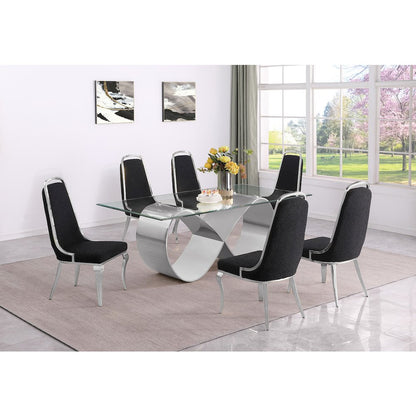 7Pc Tempered Glass Dining Set With 6 Black Boucle Side Chairs And A Silver Base