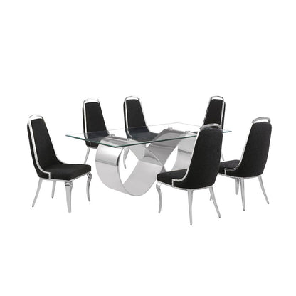 7Pc Tempered Glass Dining Set With 6 Black Boucle Side Chairs And A Silver Base