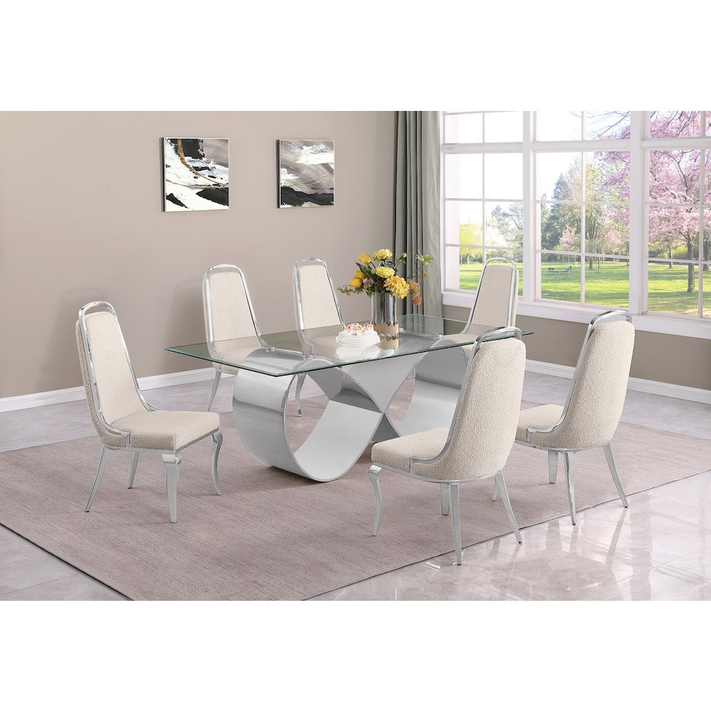 7Pc Tempered Glass Dining Set With 6 Cream Boucle Side Chairs And A Silver Base
